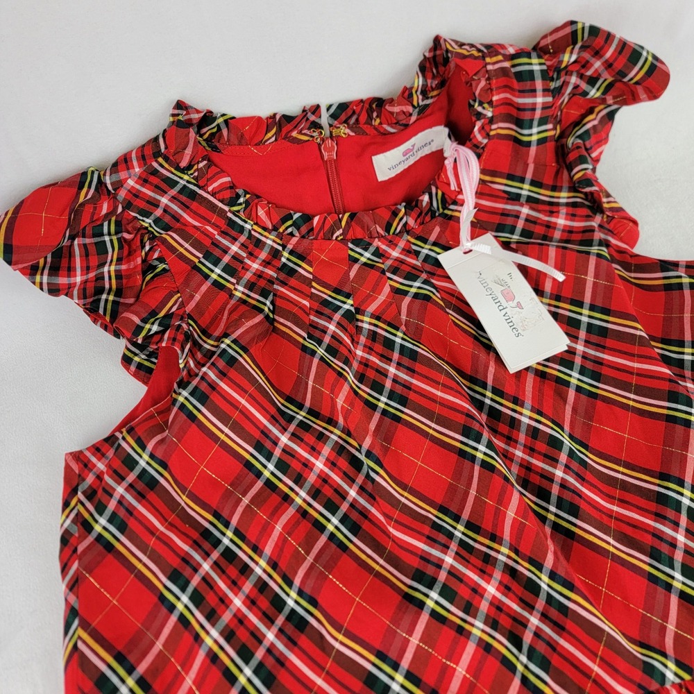 Vineyard Vines Red Plaid Flutter Sleeve Holiday Dress Size 0 Girls 14/16 NEW